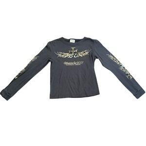 Y2K Vintage Daytona Beach Biketoberfest 2007 LS Baby Tee Blue M Moto Punk Flames